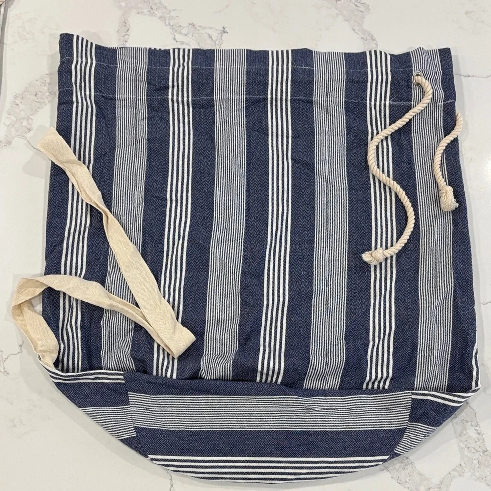 Set of 2 Striped Cotton Canvas Large Laundry Bags - Navy Blue, Grey, White